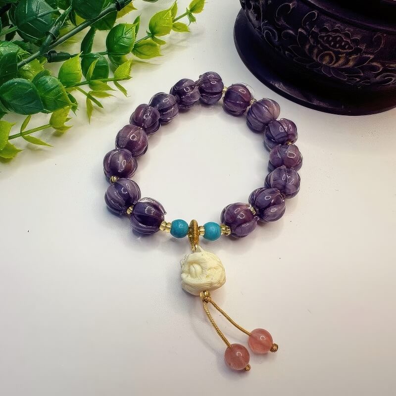 Dusk Mountain Dancing Lion Glass Lotus Bodhi Bracelet - GalaxGrace Bestgift