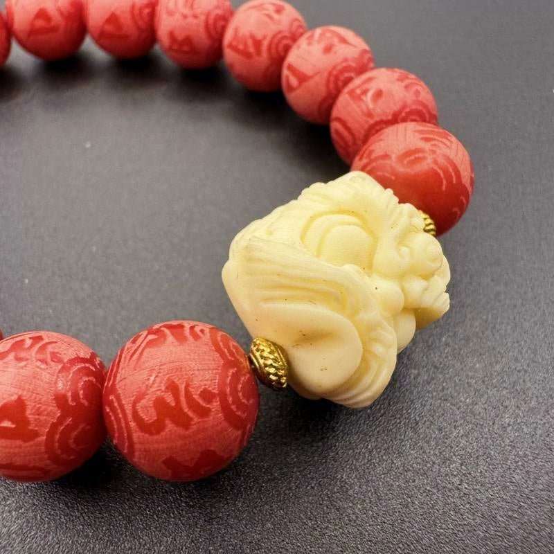 GalaxGraceChinese Red Six - Character Mantra Carved White Jade Bodhi Root Bracelet Bestgift