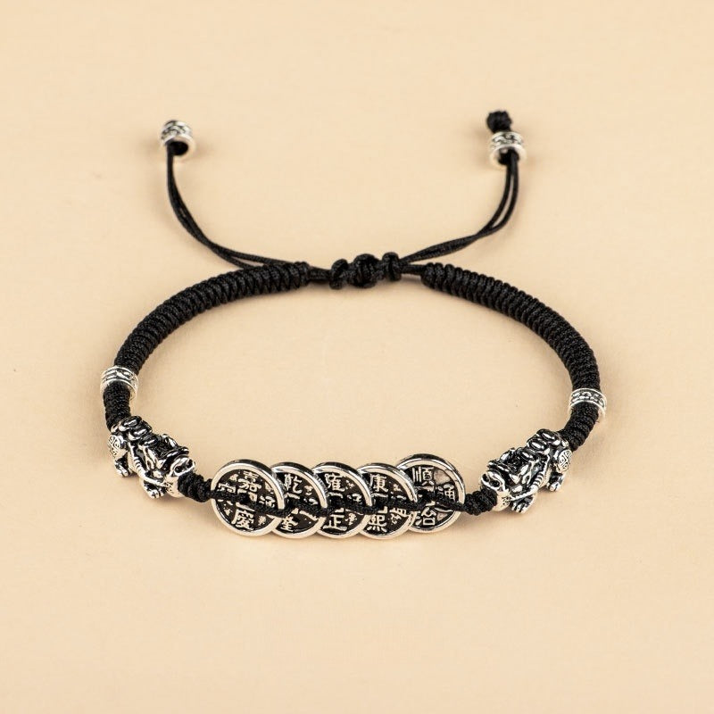 Hand-woven Five Emperor Coin Pixiu String Bracelet - GalaxGrace Bestgift