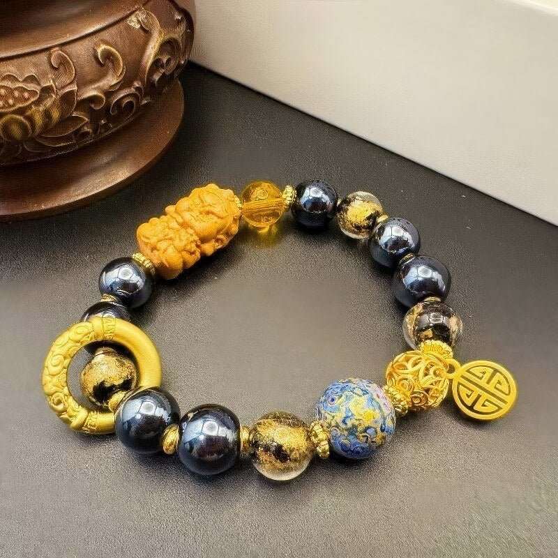 GalaxGrace Black Porcelain Glass Incense Ash Gold Foil Lacquer Bead Yellow God of Wealth Bracelet Bestgift