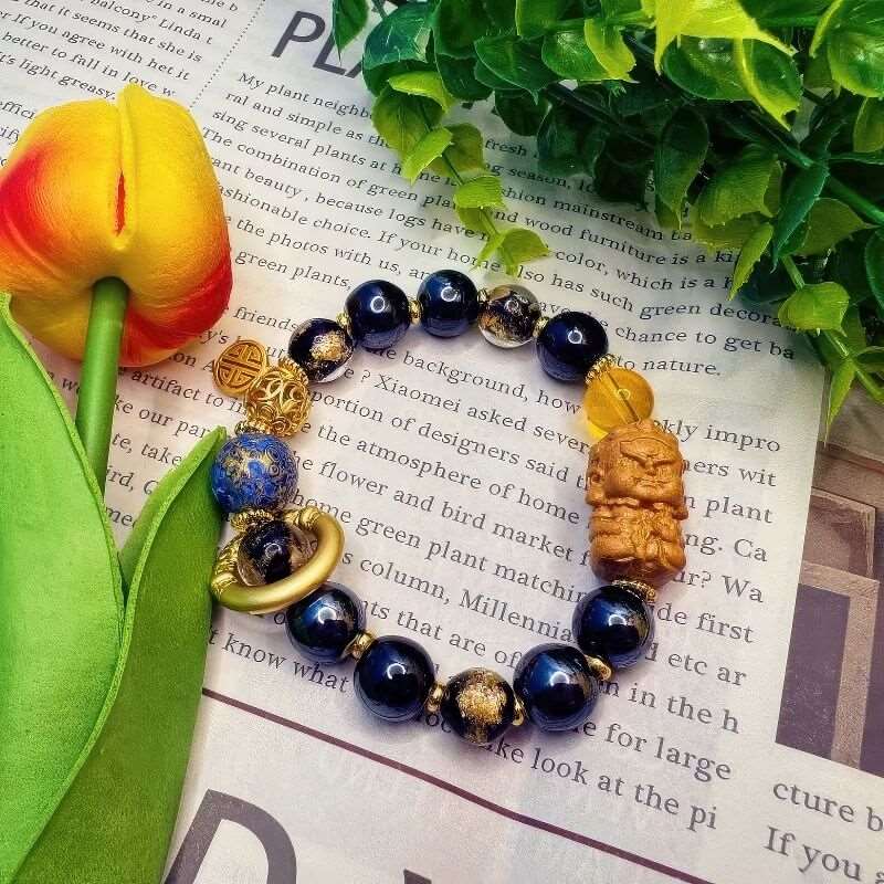 GalaxGrace Black Porcelain Glass Incense Ash Gold Foil Lacquer Bead Yellow God of Wealth Bracelet Bestgift