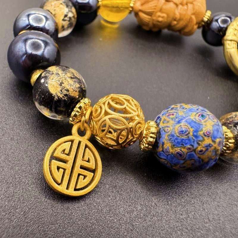 GalaxGrace Black Porcelain Glass Incense Ash Gold Foil Lacquer Bead Yellow God of Wealth Bracelet Bestgift