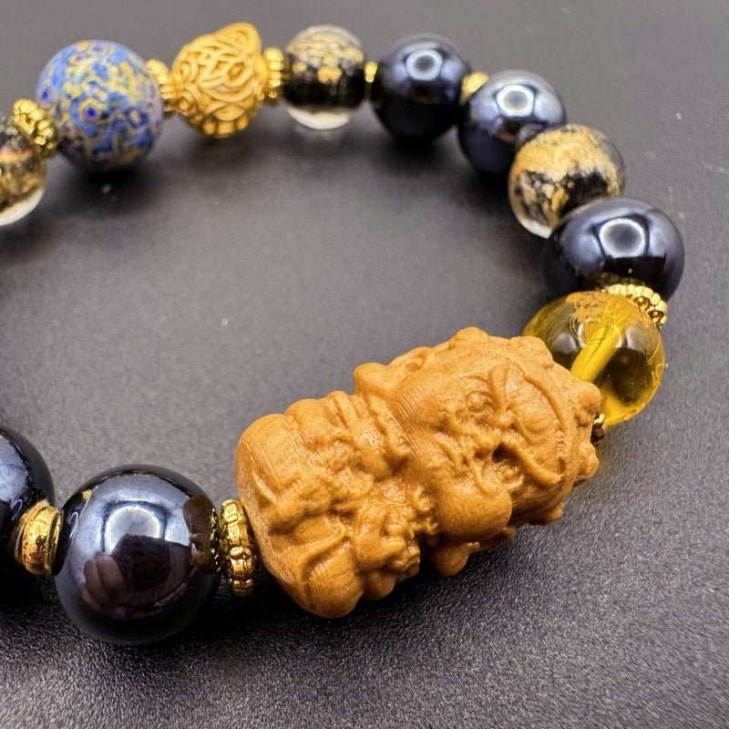 GalaxGrace Black Porcelain Glass Incense Ash Gold Foil Lacquer Bead Yellow God of Wealth Bracelet Bestgift