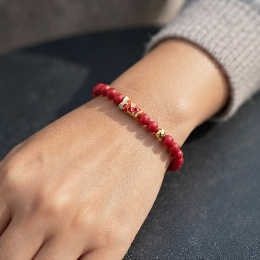 GalaxGrace Cinnabar Lucky Gold Bead Koi Bracelet 4mm Extremely Thin Best Gift 5