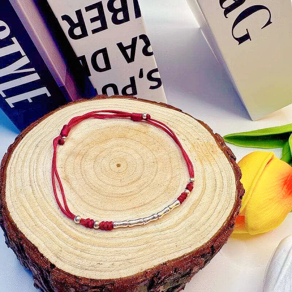 GalaxGrace Sterling Silver Bamboo Red String Bracelet