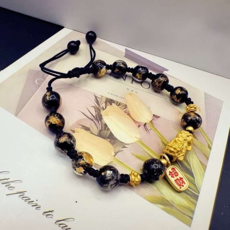 Gold Foil Glass Pixiu Fortune-Bringing Bracelet - GalaxGrace Bestgift