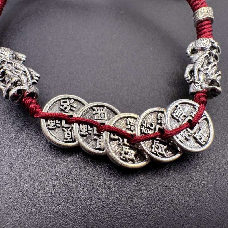 Hand-woven Five Emperor Coin Pixiu String Bracelet - GalaxGrace Bestgift