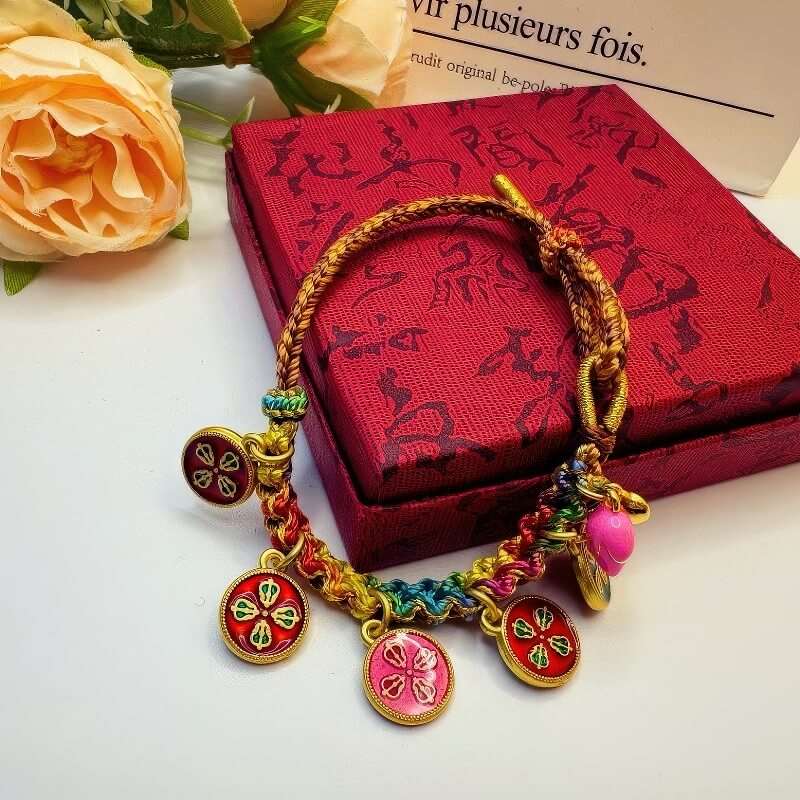 Hand-woven Peach Blossom Knot Five-way God of Wealth Tibetan Thangka Bracelet - GalaxGrace Bestgift