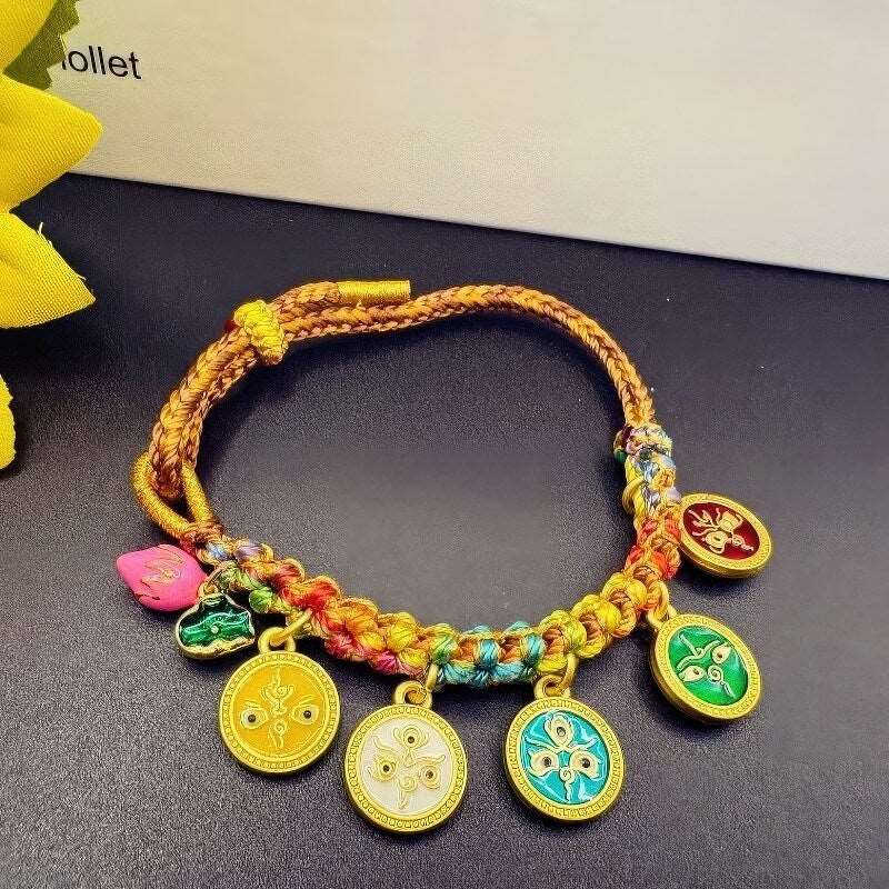 Hand-woven Peach Blossom Knot Five-way God of Wealth Tibetan Thangka Bracelet - GalaxGrace Bestgift