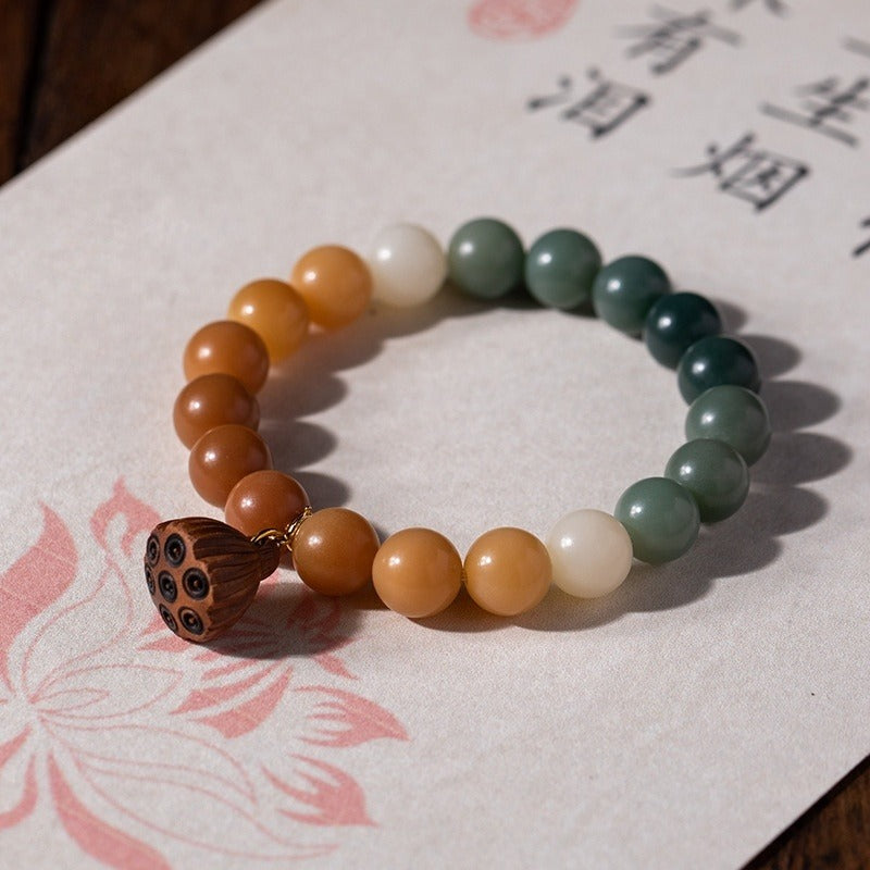 Natural Bodhi Root Gradient Color Bracelet Peach Wood Lotus Pendant - GalaxGrace Bestgift