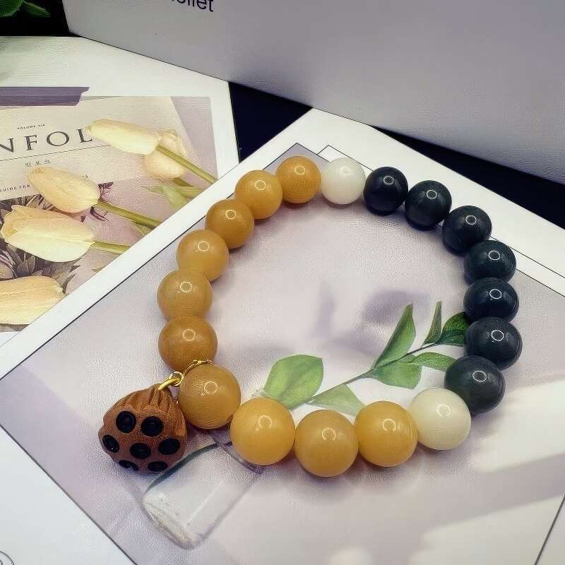 Natural Bodhi Root Gradient Color Bracelet Peach Wood Lotus Pendant - GalaxGrace Bestgift