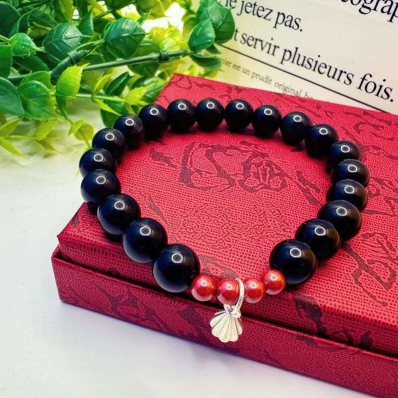 Obsidian Cinnabar Sterling Silver Lotus Bracelet - GalaxGrace Bestgift