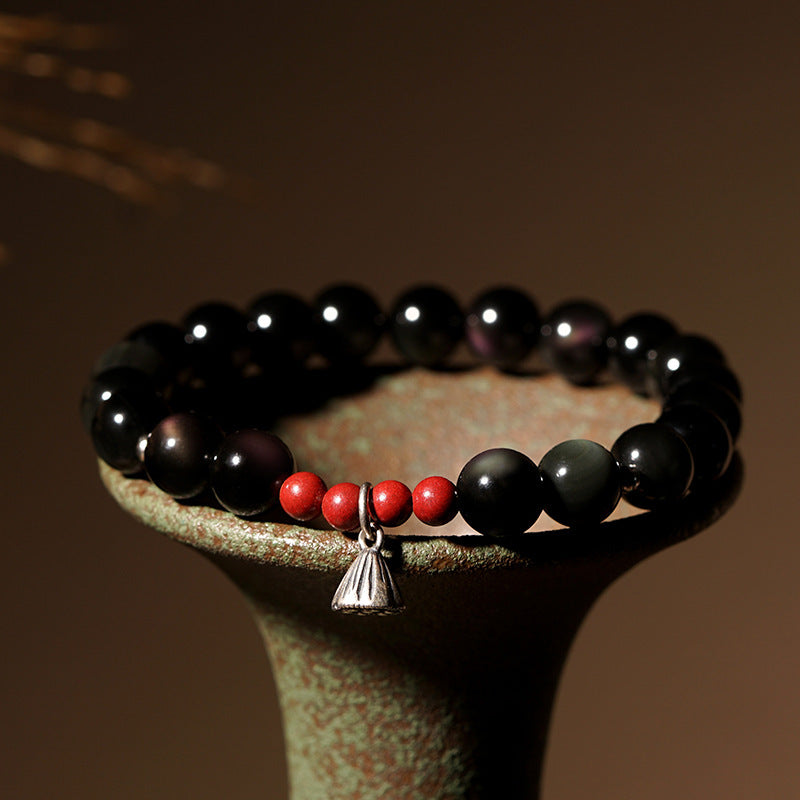 Obsidian Cinnabar Sterling Silver Lotus Bracelet - GalaxGrace Bestgift