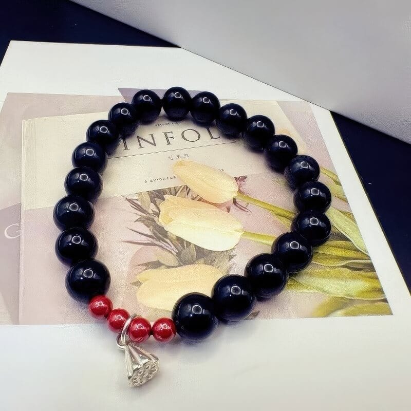 Obsidian Cinnabar Sterling Silver Lotus Bracelet - GalaxGrace Bestgift