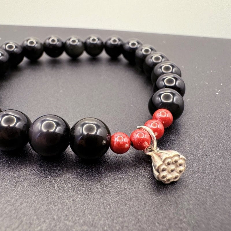 Obsidian Cinnabar Sterling Silver Lotus Bracelet - GalaxGrace Bestgift