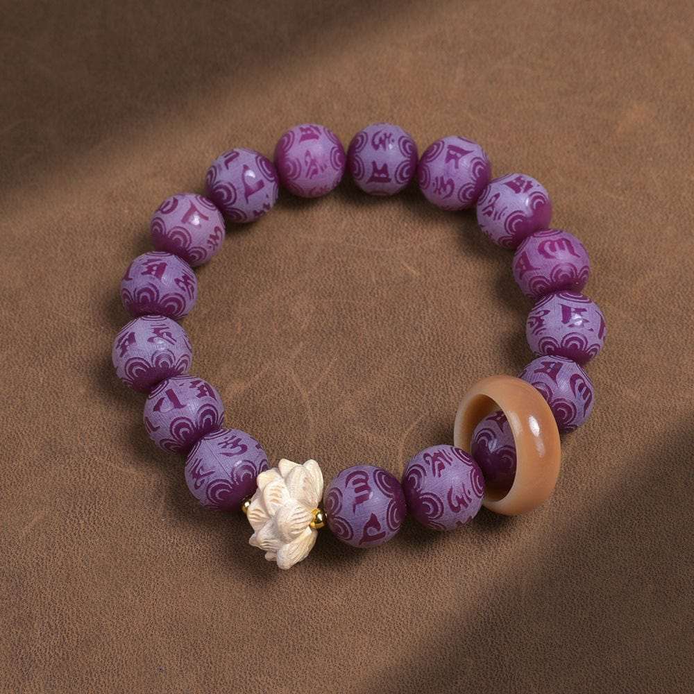 Purple Grape Six-Character Mantra Carved White Jade Bodhi Root Bracelet - GalaxGrace Bestgift