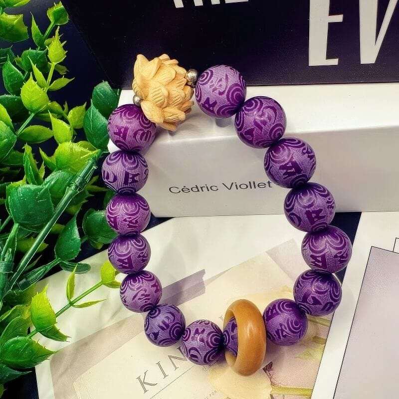 Purple Grape Six-Character Mantra Carved White Jade Bodhi Root Bracelet - GalaxGrace Bestgift