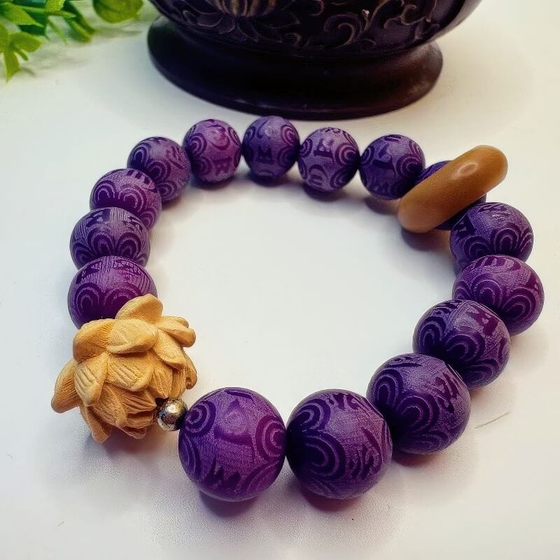 Purple Grape Six-Character Mantra Carved White Jade Bodhi Root Bracelet - GalaxGrace Bestgift