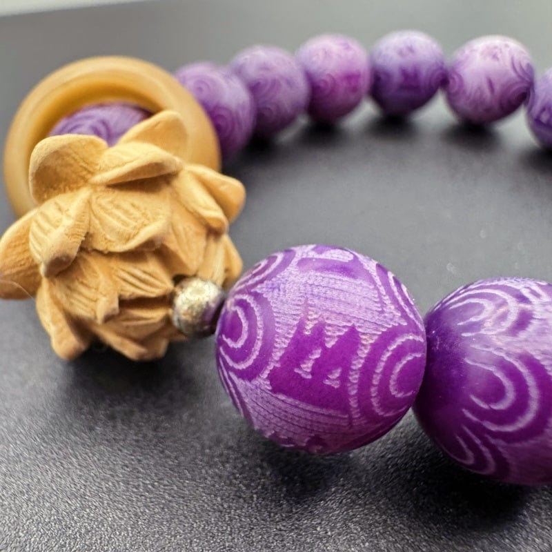 Purple Grape Six-Character Mantra Carved White Jade Bodhi Root Bracelet - GalaxGrace Bestgift