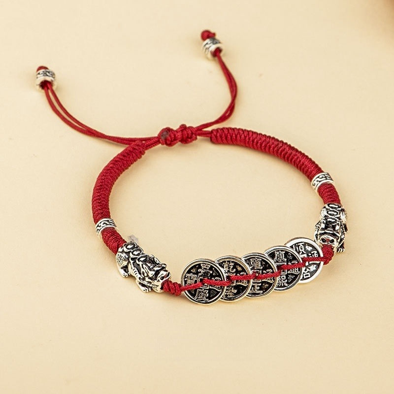 Hand-woven Five Emperor Coin Pixiu String Bracelet - GalaxGrace Bestgift