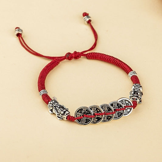 Hand-woven Five Emperor Coin Pixiu String Bracelet - GalaxGrace Bestgift