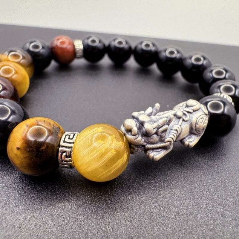 Silver Pixiu Black Agate Tiger Eye Stone Bracelet - GalaxGrace Bestgift