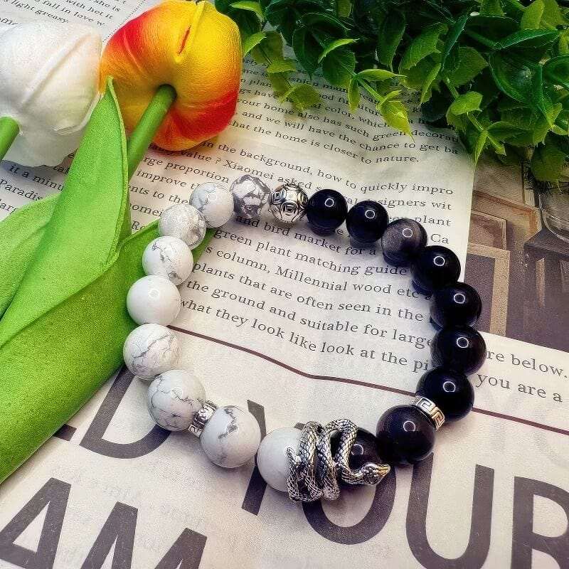 Snake Year Silver Obsidian White Turquoise Lucky Snake Bracelet - GalaxGrace Bestgift