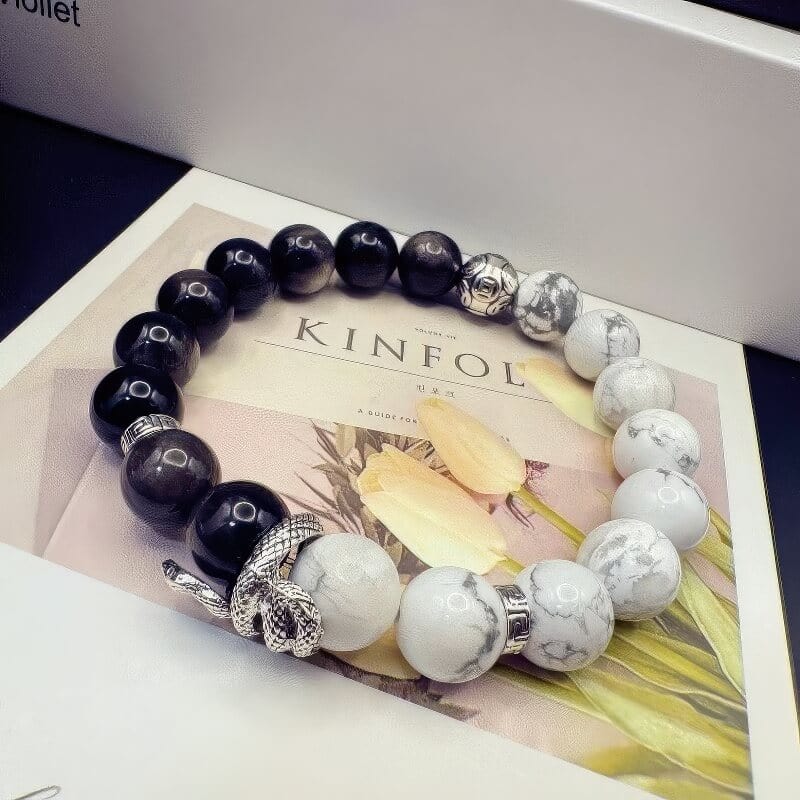 Snake Year Silver Obsidian White Turquoise Lucky Snake Bracelet - GalaxGrace Bestgift