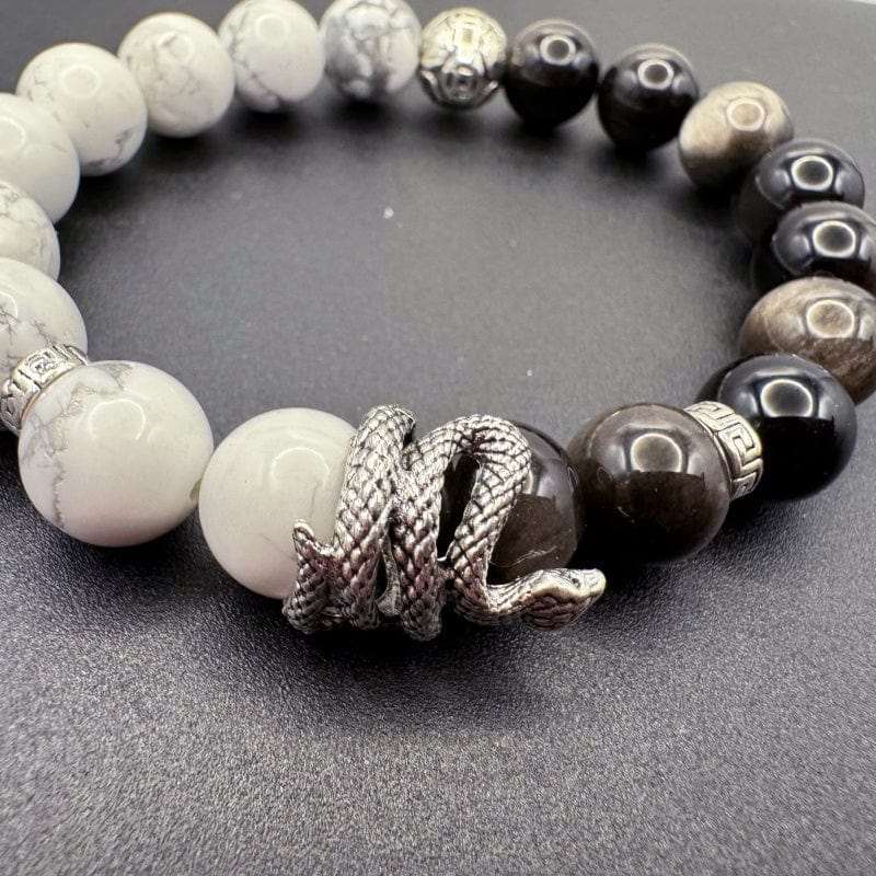 Snake Year Silver Obsidian White Turquoise Lucky Snake Bracelet - GalaxGrace Bestgift