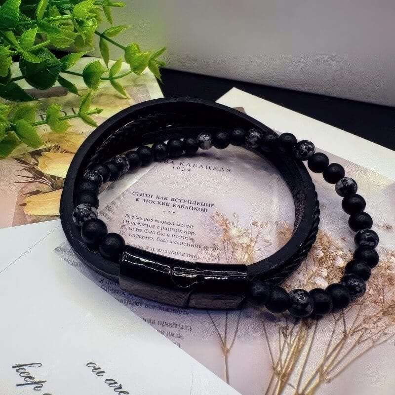 Stone Beads Leather Magnetic Clasp Men's Bracelet - GalaxGrace