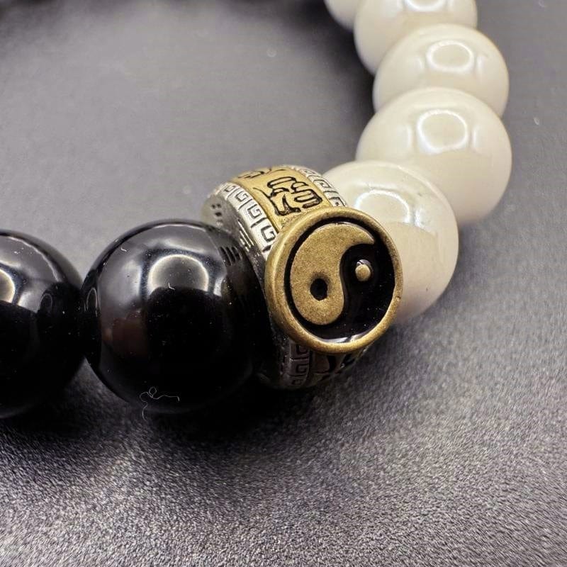 Tai Chi Beads Taoist Instruments White Porcelain Obsidian Bagua Bracelet - GalaxGrace Bestgift
