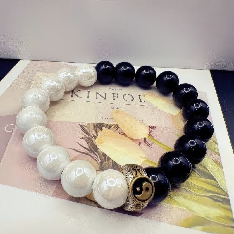 Tai Chi Beads Taoist Instruments White Porcelain Obsidian Bagua Bracelet - GalaxGrace Bestgift