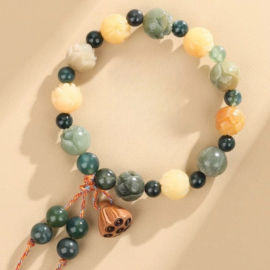 Water Grass Agate God of Wealth Lotus Bodhi Root Bracelet - GalaxGrace Bestgift