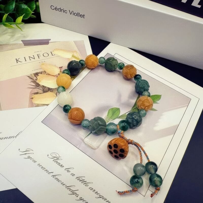 Water Grass Agate God of Wealth Lotus Bodhi Root Bracelet - GalaxGrace Bestgift