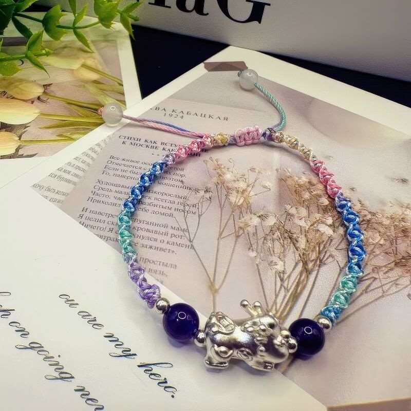 GalaxGraceAmethyst Metal Pixiu 999 Silver Braided Bracelet Bestgift