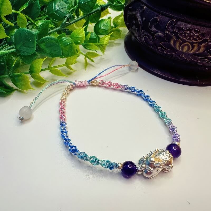 GalaxGraceAmethyst Metal Pixiu 999 Silver Braided Bracelet Bestgift