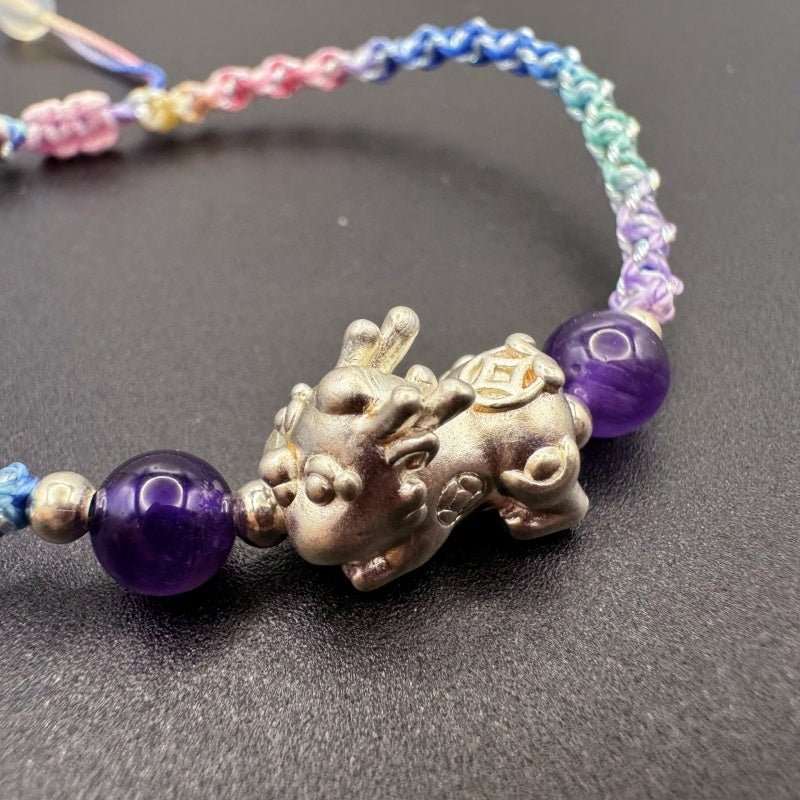 GalaxGraceAmethyst Metal Pixiu 999 Silver Braided Bracelet Bestgift