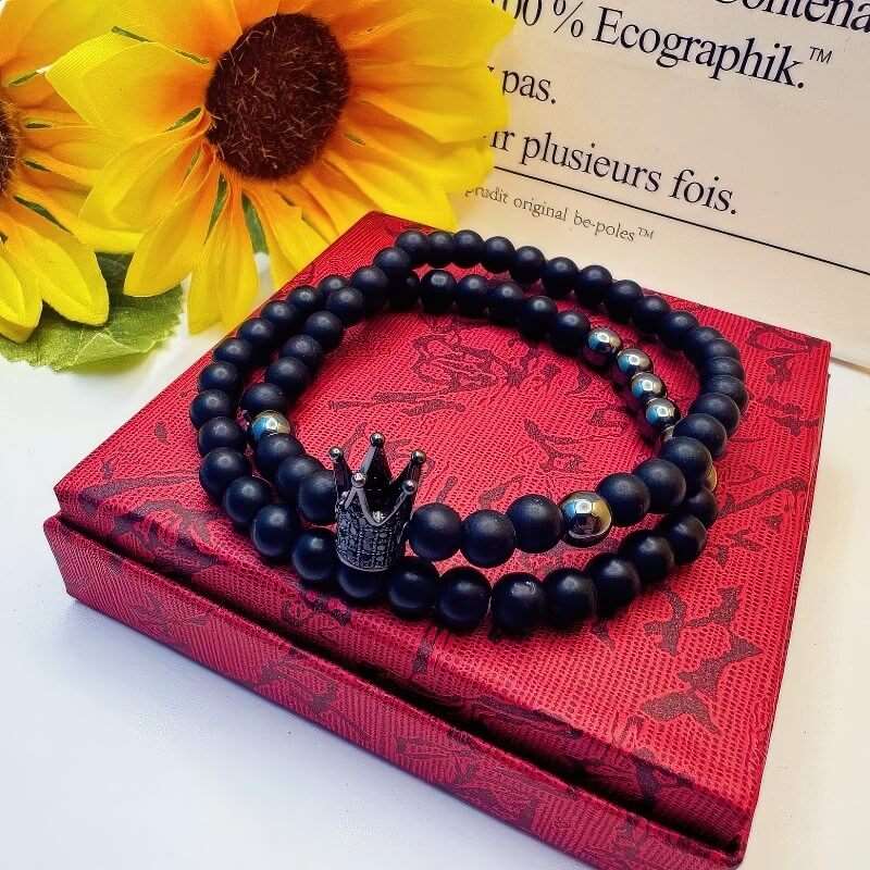 GalaxGraceBlack Frosted Beads Micro - Inlaid Zircon Crown Bracelet Best gift