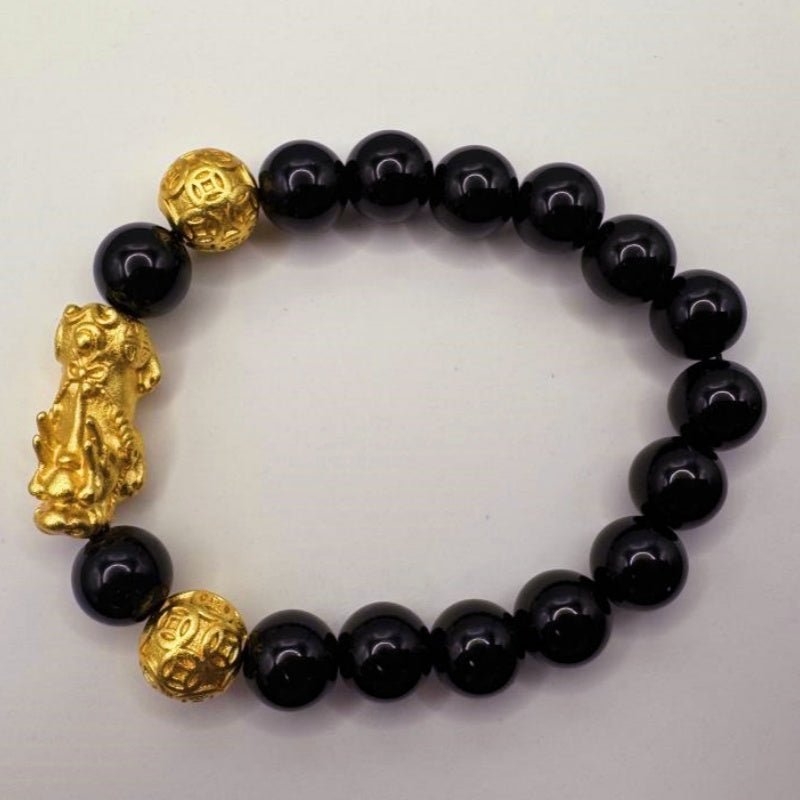 GalaxGrace Black Stone Sand Gold Pixiu Fortune Bead Bracelet