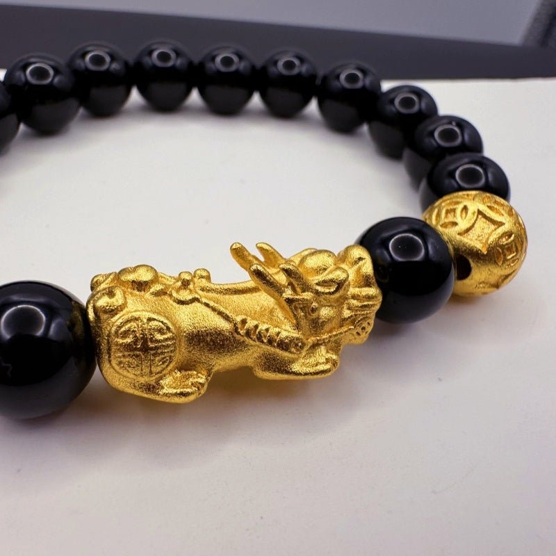 GalaxGrace Black Stone Sand Gold Pixiu Fortune Bead Bracelet