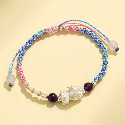 GalaxGrace Amethyst Metal Pixiu 999 Silver Braided Bracelet Best Gift