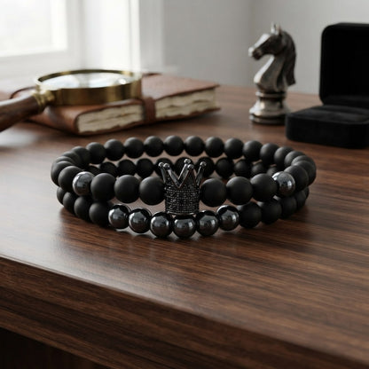 GalaxGrace Black Frosted Beads Micro-Inlaid Zircon Crown Bracelet Best Gift
