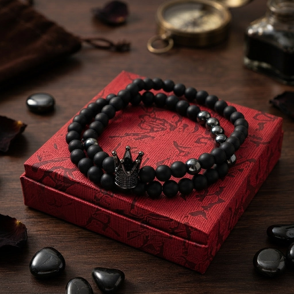 GalaxGrace Black Frosted Beads Micro-Inlaid Zircon Crown Bracelet Best Gift 1