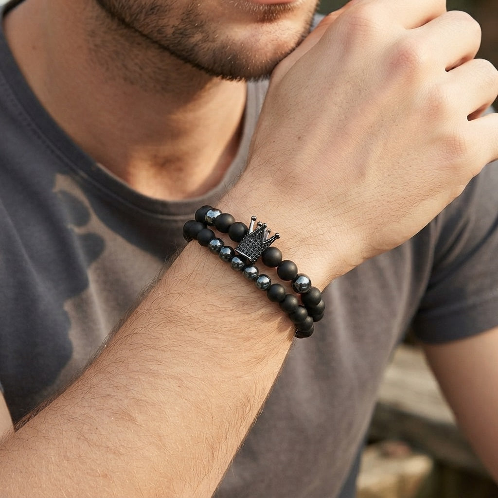 GalaxGrace Black Frosted Beads Micro-Inlaid Zircon Crown Bracelet Best Gift 2