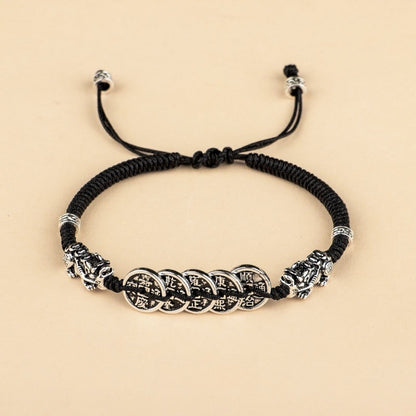 Hand-woven Five Emperor Coin Pixiu String Bracelet - GalaxGrace Bestgift