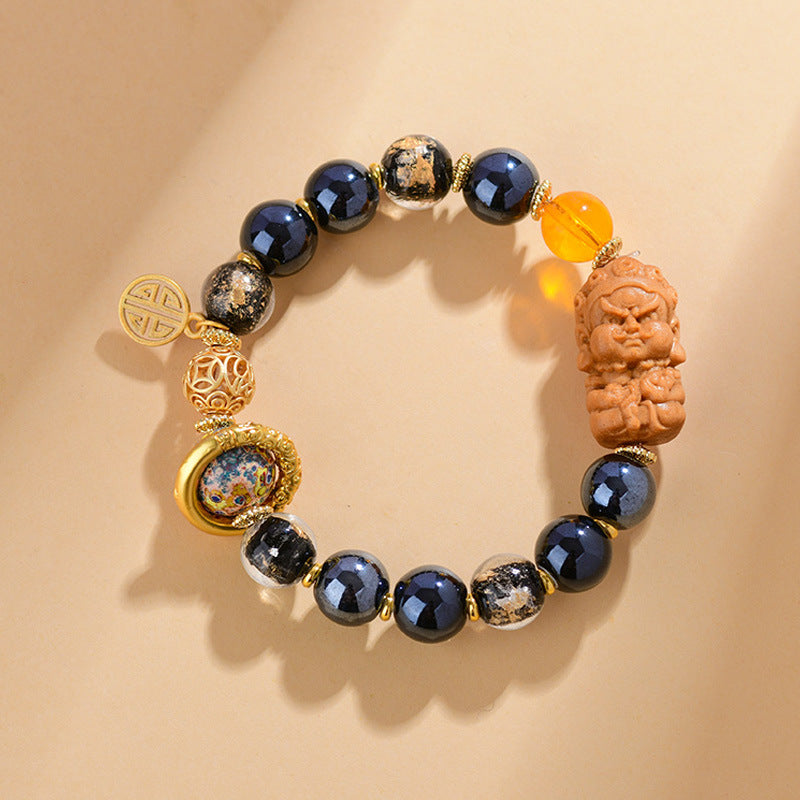 GalaxGrace Black Porcelain Glass Incense Ash Gold Foil Lacquer Bead Yellow God of Wealth Bracelet Best Gift