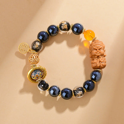 GalaxGrace Black Porcelain Glass Incense Ash Gold Foil Lacquer Bead Yellow God of Wealth Bracelet Best Gift