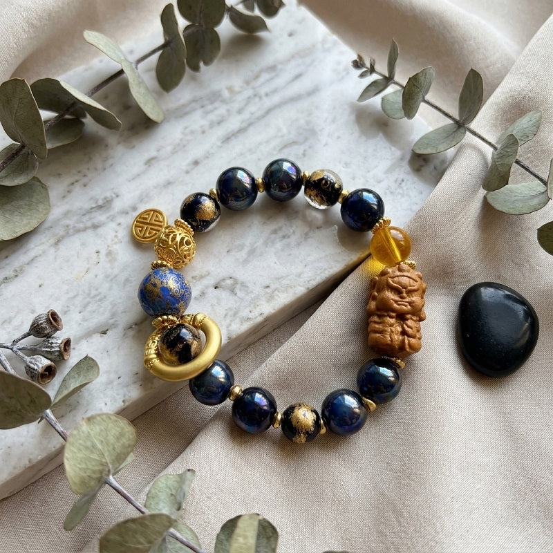GalaxGrace Black Porcelain Glass Incense Ash Gold Foil Lacquer Bead Yellow God of Wealth Bracelet Best Gift 1