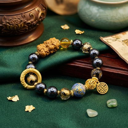 GalaxGrace Black Porcelain Glass Incense Ash Gold Foil Lacquer Bead Yellow God of Wealth Bracelet Best Gift 2