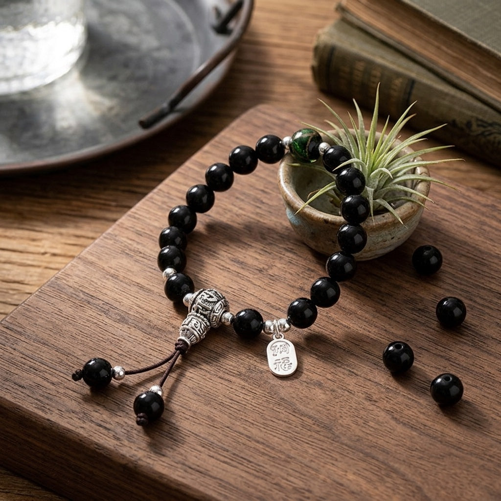 GalaxGrace Black Stone Green Incense Ash Glass Bracelet Best Gift